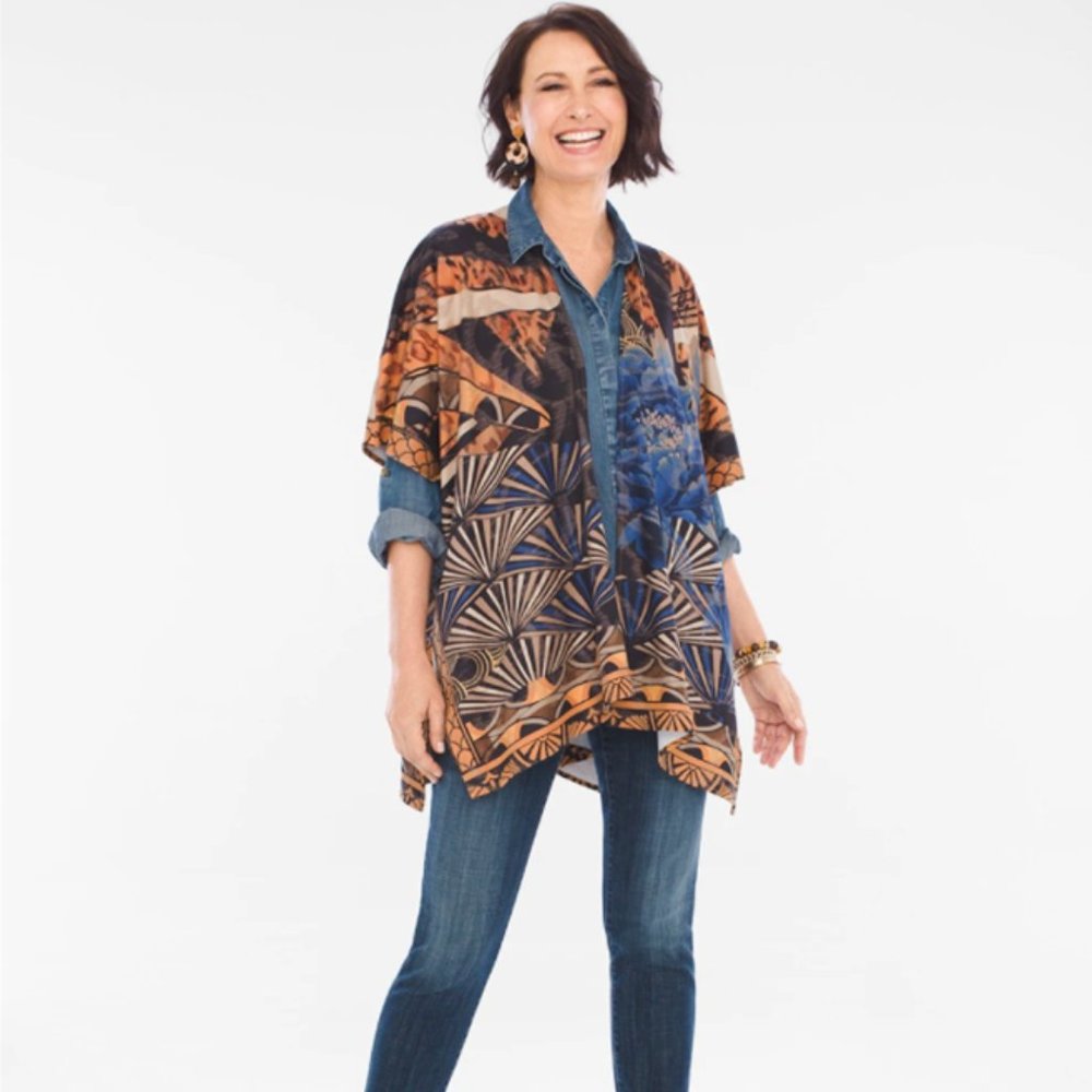 Chico's Cheetah Festival Ruana Open Front Wrap Kimono Poncho One Size
